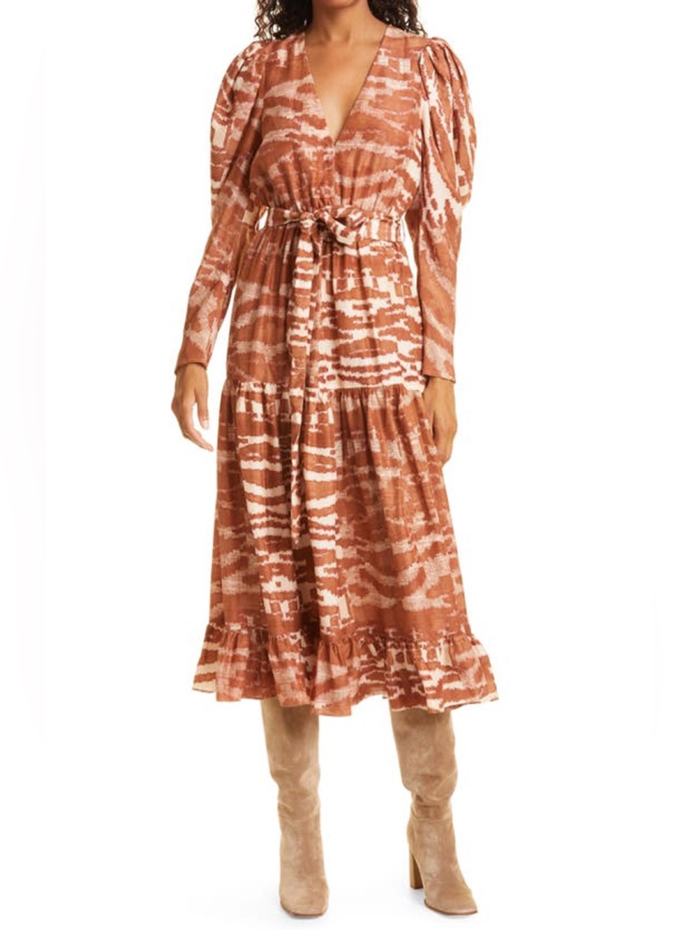 New Ulla Johnson Leila Belted Printed Silk Midi Dress Brown Sz 4 - Picture 12 of 12
